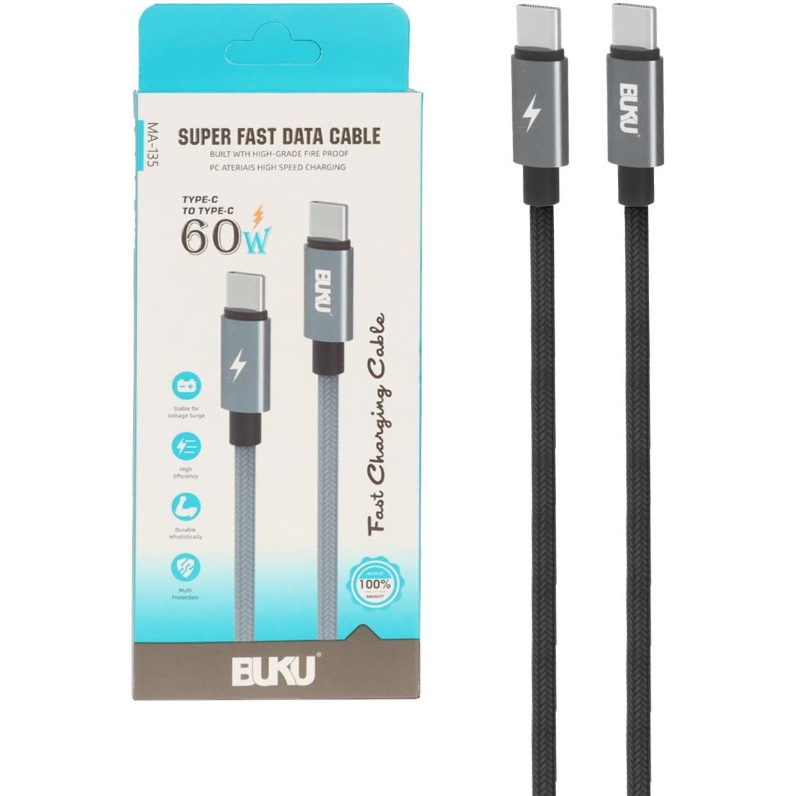 کابل شارژ PD و فست شارژ BUKU مدل MA-135 60W با رابط Type-C To Type-C (مشکی)