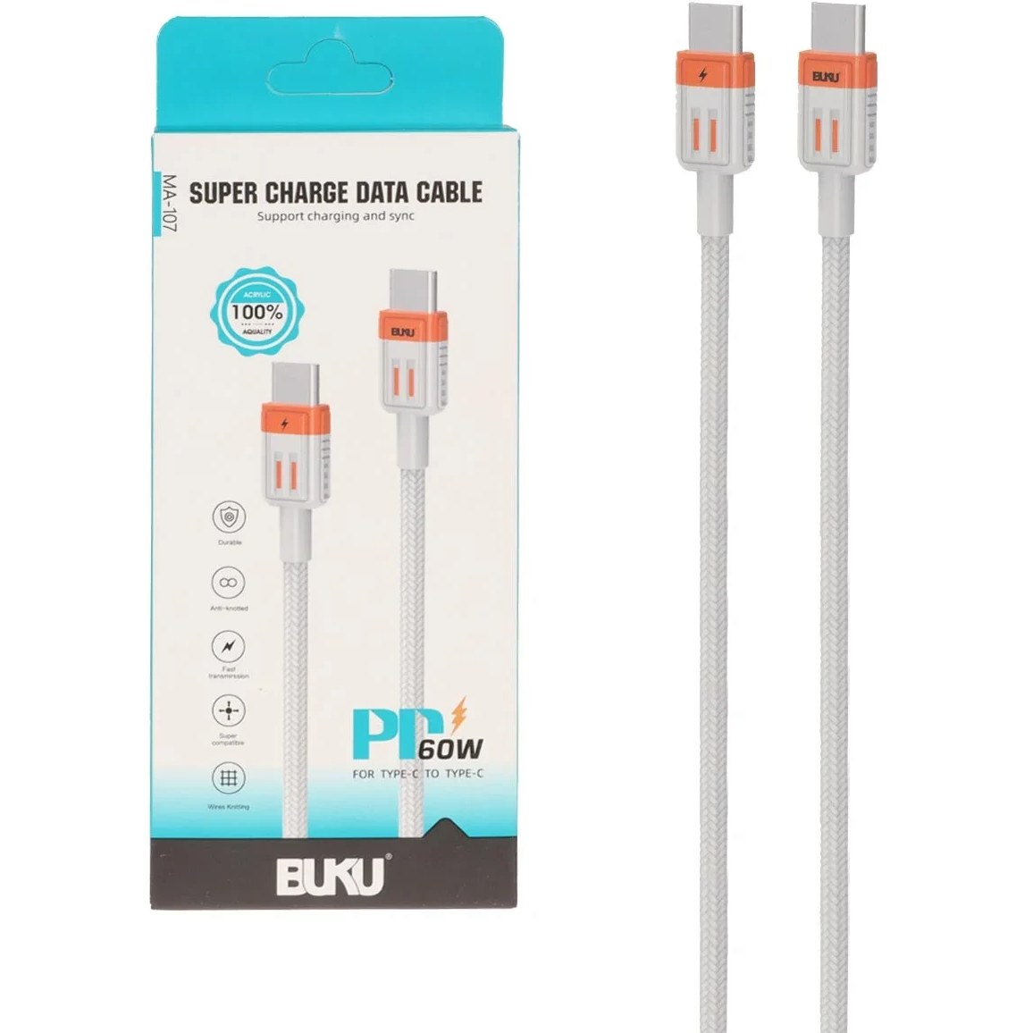 کابل شارژ PD و فست شارژ BUKU مدل MA-107 60W با رابط Type-C To Type-C (طوسی)