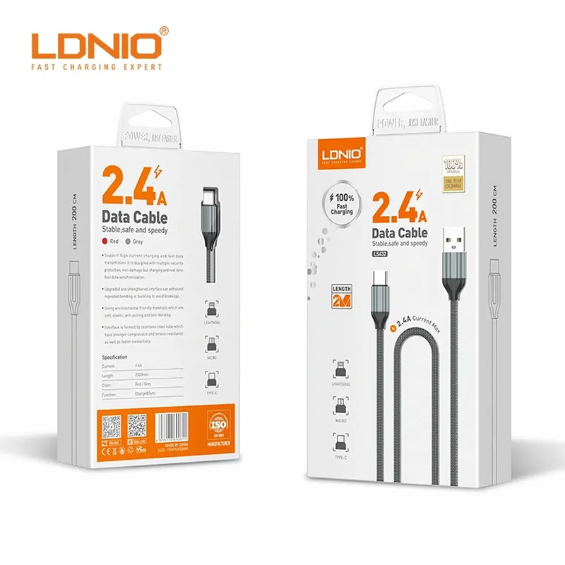 کابل شارژ و انتقال داده LDNIO مدل LS432 | طول ۲ متر و شدت جریان ۲.۴ آمپر (تایپ‌سی)