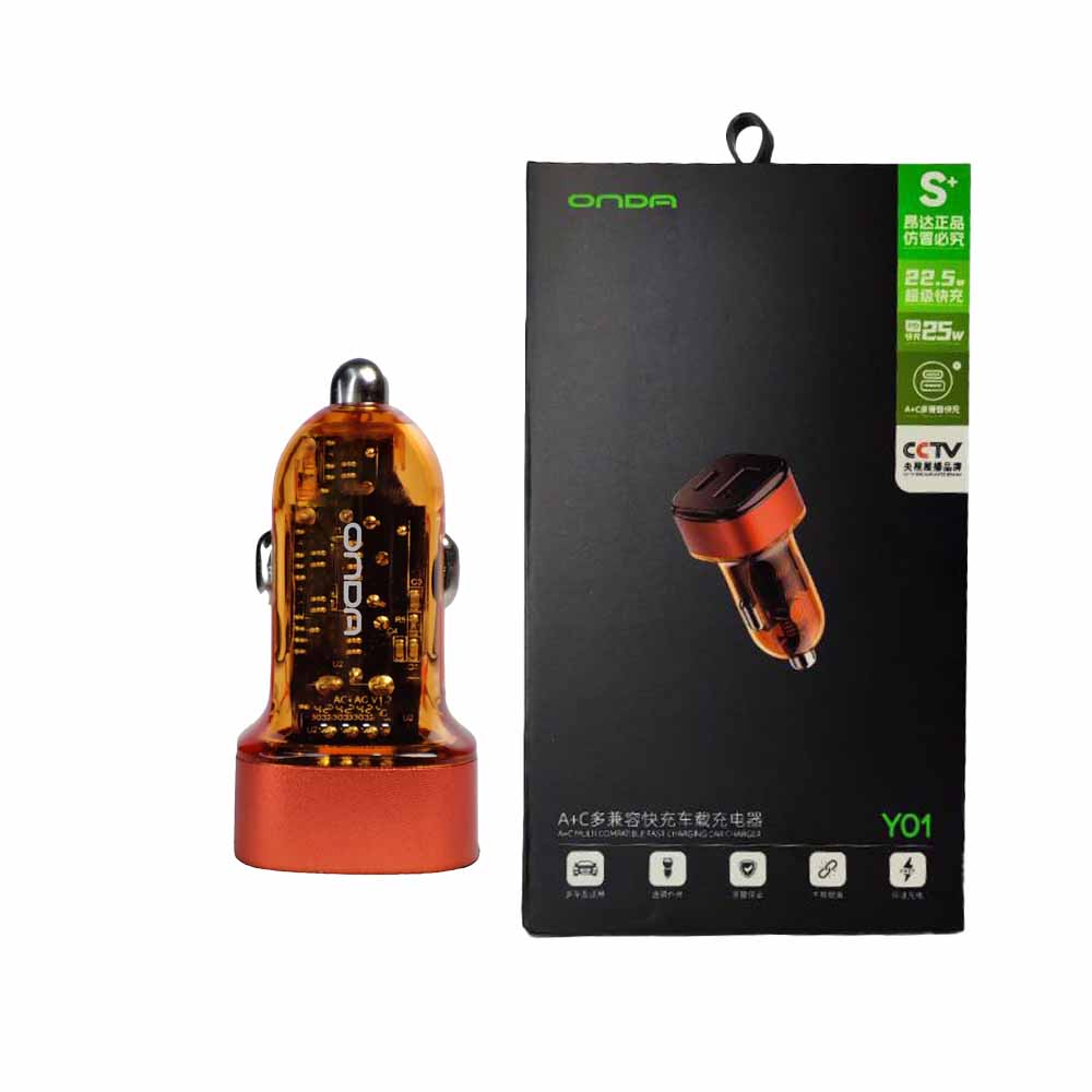 شارژر فندکی فوق‌سریع ONDA مدل Y01 | خروجی ۲۲.۵ وات با طراحی شفاف و مدرن
