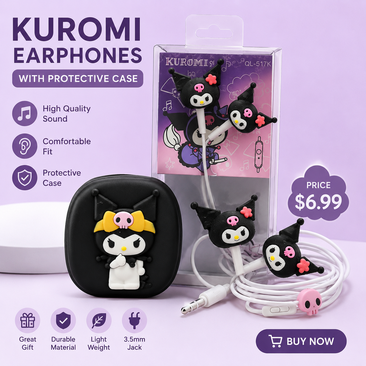 هندزفری سیم‌دار فانتزی طرح کورومی (Kuromi) مدل QL-517K | دارای میکروفون