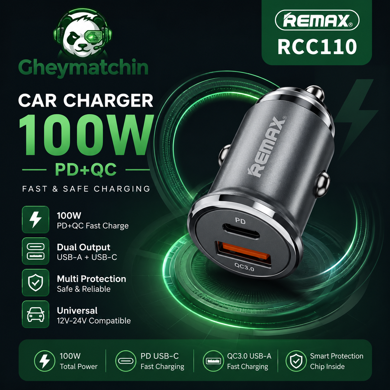 شارژر فندکی ۱۰۰ وات رِمکس (REMAX) مدل RCC110 | بدنه فلزی مینی | خروجی PD+QC